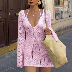 Pink Sexy Women's Knitted Two Pieces knit top and skirt Outfit